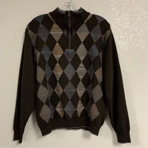 Vtg St Croix Sweater Mens L Wool Argyle Diamond Print 1/4 Zip Brown
